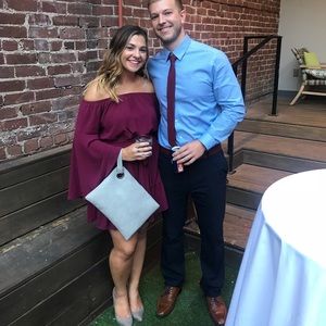 Off the shoulder mini wine colored dress